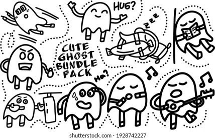 Cute Ghost character. Hand drawn set of illustrations for Halloween in cartoon style with different emotions. Can be used as mascot, stickers, emoji, emoticons