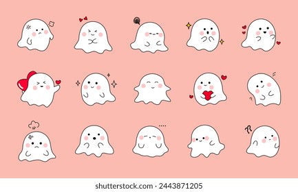 Cute Ghost character. Hand drawn set of illustrations for Halloween in cartoon style with different emotions. sticker.