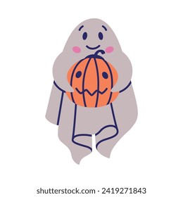 Cute Ghost Character Hold Pumpkin as Flying Poltergeist Creature Vector Illustration