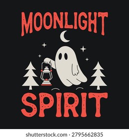 Cute Ghost Character Holding a Lantern in a Forest at Night with Moonlight Spirit Text