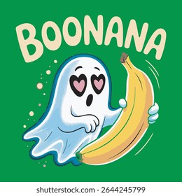 Cute Ghost Character Holding Large Yellow Banana Green Background Boonana Text Illustration vector
