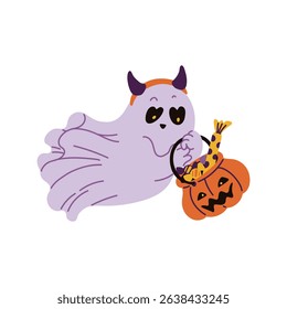 A cute ghost character holds a pumpkin bucket filled with candy. Halloween vector illustration