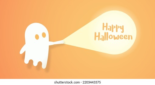 Cute ghost character just found the Happy Halloween message with his flashlight. Vector illustration