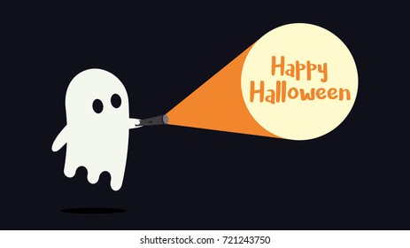 Cute ghost character just found the Happy Halloween message with his flashlight. Vector illustration