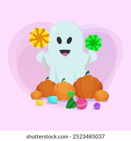 Cute ghost character with lollipops, sweets and pumpkins on abstract background. Halloween banner design. Celebration, holiday, party concept. Vector illustration for postcard or poster