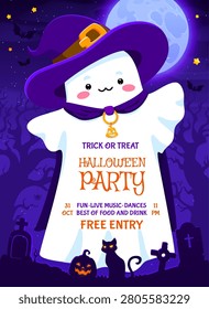 Cute ghost character on graveyard, Halloween night party flyer. Autumn holiday vector poster or placard. Halloween party flyer with ghost cartoon funny personage, night cemetery graves and black cat