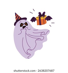 Cute ghost character in a playful cartoon style. The ghost, wearing a whimsical hat, is surprised by a gift with bats flying around. Halloween vector illustration.