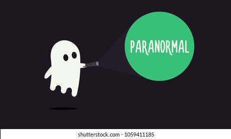 Cute ghost character pointing with his flashlight to the word Paranormal. Vector illustration design