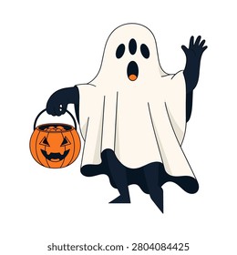 Cute ghost character with pumpkin bucket for halloween trickortreat