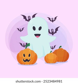 Cute ghost character, pumpkins and flying bats on abstract background. Halloween banner design. Celebration, holiday, party concept. Vector illustration for invitation or poster