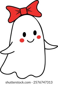 Cute ghost character with red bow vector illustration