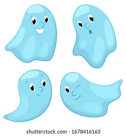 Cute ghost character set. Friendly ghost vector illustration on white background. Spooky character for Halloween party. Creepy ghost flying, smiling, saying boo, winking. Halloween symbol or icon