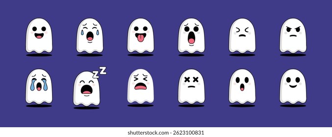 Cute Ghost Character Set. Hand-Drawn Cartoon Emojis and Illustrations with Various Emotions, Perfect for Stickers and Decorations