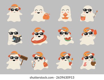 A cute ghost character set with summer accessories, sunglasses, and happy expressions enjoying vacation and tropical drinks