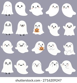 Conjunto de personajes fantasma lindo con varias emociones y poses. Adorable ilustración de fantasmas de halloween de dibujos animados, perfecto para pegatinas, redes sociales, impresiones, diseño para niños y decoraciones festivas.