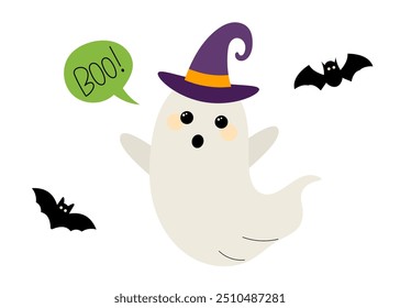 Cute ghost character in violet hat. Elements for Halloween design, scrapbooking, sticker, postcard, poster.