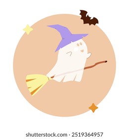 Personaje fantasma lindo en el sombrero de la bruja que vuela en el cielo en la escoba. Ilustración de Halloween feliz. Diseño divertido y espeluznante