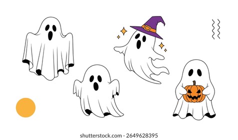 Cute ghost characters celebrating halloween with festive decorations and pumpkin carvings