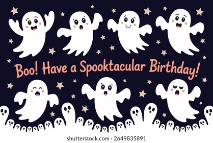 Cute ghost characters celebrating a spooky birthday with stars silhouette
