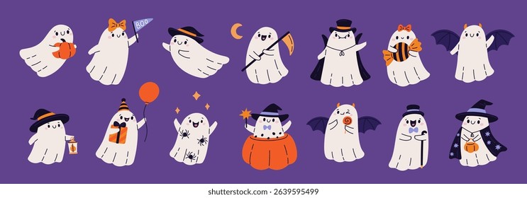 Cute ghost characters. Funny little halloween characters, white smiling phantoms, different poses, actions, happy mascot, scary monsters, pumpkin and present, garish vector cartoon set