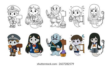 Cute ghost characters in various local costumes, fantasy and school spirit illustration and mystical figures , kawaii hand drawing style.
