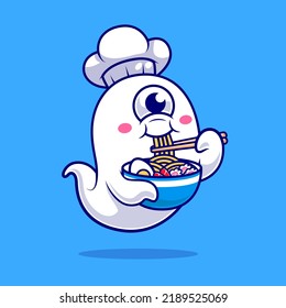 Cute Ghost Chef Comer Ramen Noodle Icono Vector Icono Ilustración Icono Festividad De Alimentos Concepto Vector Premium Aislado. Estilo de dibujo plano