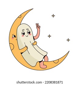 Cute ghost chilling on the moon. Vector Illustration in retro cartoon style with outline for Halloween Holiday prints.