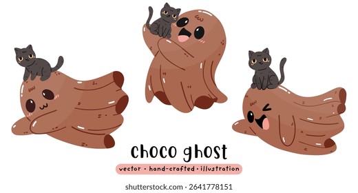 Cute Ghost in Chocolate with black cat Halloween Ghost vector illustration