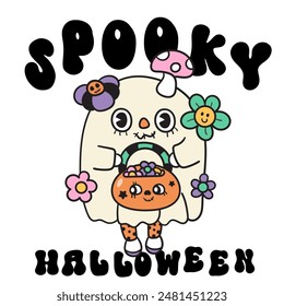 Cute ghost clipart with candy pumpkin Groovy Halloween flower. Series: Retro cartoon kawaii drawing (trick or treaters) Kids party. Perfect make a wish for background, greeting card, pattern, nursery 