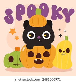 Cute ghost clipart with candy pumpkin Groovy Halloween flower. Series: Retro cartoon kawaii drawing (trick or treaters) Kids party. Perfect make a wish for background, greeting card, pattern, nursery.