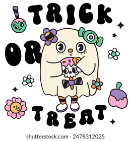 Cute ghost clipart Groovy Halloween candy and flower. Series: Retro cartoon kawaii drawing (trick or treaters) Kids party. Perfect make a wish for background, greeting card, pattern, nursery wall.