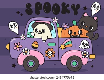 Cute ghost clipart Groovy Halloween car with flower skull and pumpkin. Series: Retro cartoon kawaii drawing (trick or treaters) Kids party. Perfect make a wish for background, greeting card, pattern.