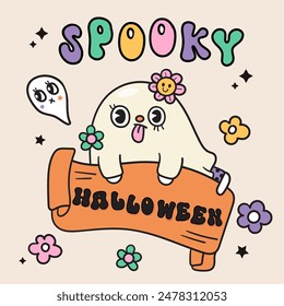 Cute ghost clipart Groovy style on Halloween label. Series: Retro cartoon kawaii drawing (trick or treaters) Kids party. Perfect make a wish for background, greeting card, pattern, nursery wall.