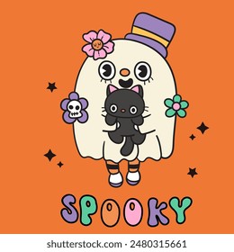 Cute ghost clipart hug witch cat kitten Groovy Halloween candy and flower. Series: Retro cartoon kawaii drawing (trick or treaters) Kids party. Perfect make a wish for background, greeting card.