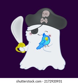 Cute Ghost Clipart Isolated on White Background.  Funny Clip Art Ghost Pirate. Vector Illustration of an Halloween Monster for Stickers, Baby Shower Invitation, Prints for Clothes.
