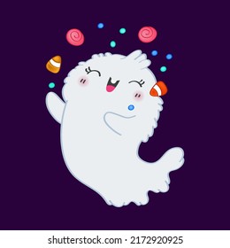 Cute Ghost Clipart for Kids Holidays and Goods.  Happy Clip Art Halloween Ghost Juggling Candy. Vector Illustration of an Halloween Monster for Stickers, Prints for Clothes, Baby Shower Invitation.
