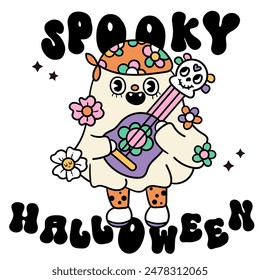 Cute ghost clipart playing guitar Groovy Halloween. Series: Retro cartoon kawaii drawing (trick or treaters) Kids party. Perfect make a wish for background, greeting card, pattern, nursery wall.