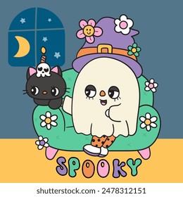 Cute ghost clipart with witch cat kitten on cozy sofa Groovy Halloween candy and flower. Series: Retro cartoon kawaii drawing (trick or treaters) Kids party. Perfect make a wish for background.