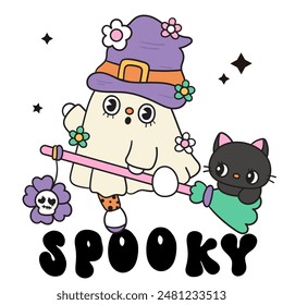 Cute ghost clipart and witch cat kitten with witch broom Groovy Halloween flower. Series: Retro cartoon kawaii drawing (trick or treaters) Kids party. Perfect make a wish for background, greeting card