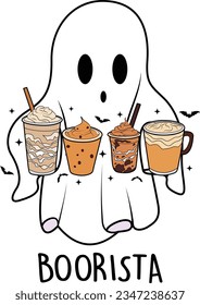 Cute ghost with coffee, Ghost halloween, Boorista, Halloween coffee t shirt design.