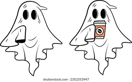 Cute ghost with coffee, Halloween ghost vector isolated.