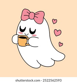 Cute Ghost with Coffee and Hearts Illustration