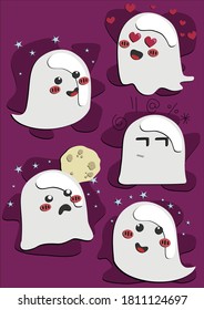 Cute ghost collection with different moods like in love, happy, grumpy, scared and playful. Halloween character design. Vectorial phantom illustration.