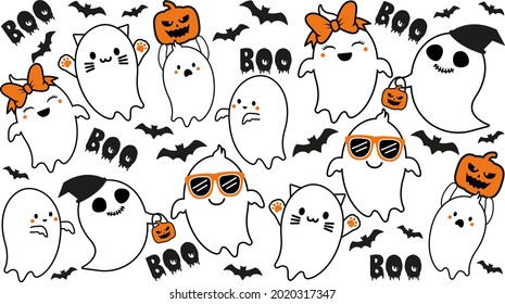 Cute ghost Collection with Pumpkin and Bat. Halloween hand drawn on t-shirt design, greeting card or poster design Background Vector Illustration.
