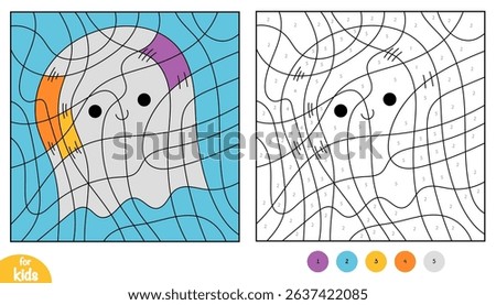 Cute ghost color by number for kids. Halloween coloring page with kawaii spooky character. Educational printable worksheet for preschool and kindergarten. Fun autumn holiday activity.