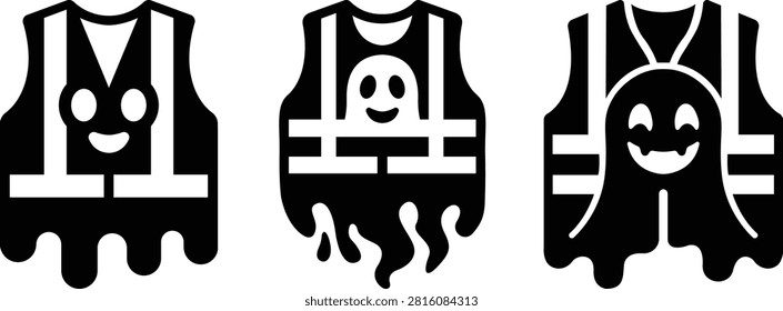 Cute ghost construction safety vest icon set, funny halloween builder reflective vest jacket vector, spooky engineer high visibility vest illustration.