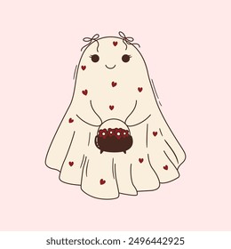 Cute ghost in coquette style with bows and hearts. Kind halloween character for kids. White sheet phantom holding a cauldron with flowers. Spooky spirit vector clipart