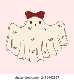 Cute ghost in coquette style with bows and ribbons. Kind halloween character for kids. Flying phantom in white sheet. Spooky spirit vector clipart