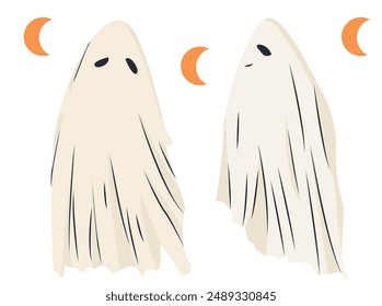 Cute Ghost couple design for you with moon. Minimalistic characters spirits, Halloween holiday or Valentine day