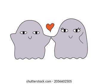 Cute Ghost Couple. Vector Hand Drawn Illustration